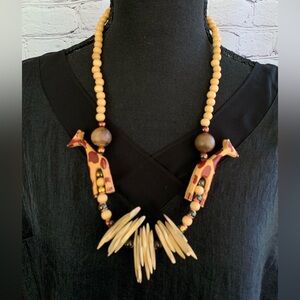 Hand Carved Giraffe Wood Beads Vintage Necklace